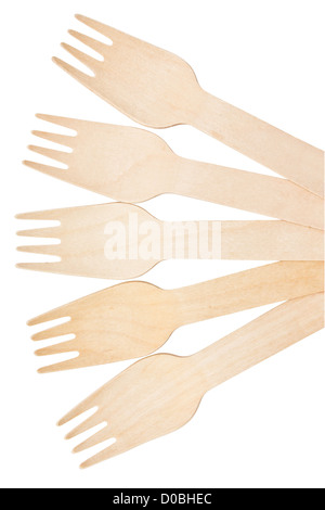 Fan of wooden forks isolated on white background. Stock Photo