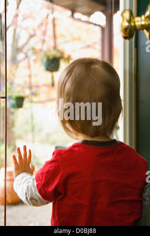 Eighteen Month Old Boy Looking Out of Glass Storm Door Stock Photo
