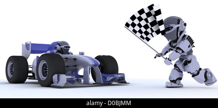 3D Render of a robot winning a motor race Stock Photo