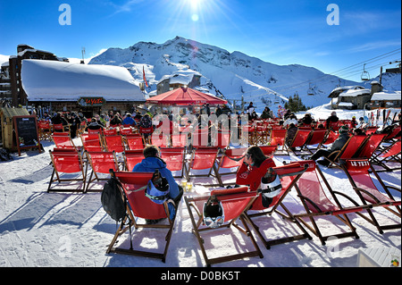 People relaxing, Avoriaz, french alps. Stock Photo