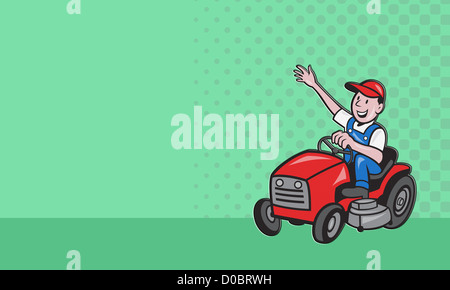 Business card ideal for lawn mowing services showing illustration of a gardener landscaper riding on ride-on mower mowing lawn d Stock Photo