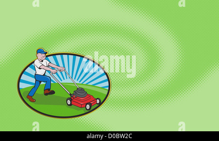 Business card ideal for lawn mowing services showing illustration of a gardener landscaper mowing lawn with mower done in cartoo Stock Photo