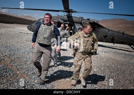 Deputy Secretary of Defense Ashton Carter and US Army General William Mayville arrive at Combat Outpost McClain, Afghanistan October 22, 2012. Stock Photo