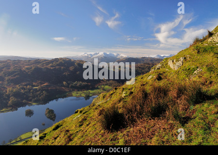 View over Rydal Water from Nab Scar towards snow covered Coniston Fells in the English Lake District Stock Photo