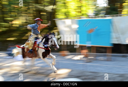 Yabusame - Mounted traditional Japanese archery - exhibition at Toshogu Shrine, Nikko Stock Photo