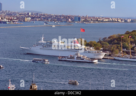 The Bosphorus at Istanbul with Fred Olsen Line's 'Black Watch' berthed at the Cruise dock adjacent to Topkapi Palace, Turkey.