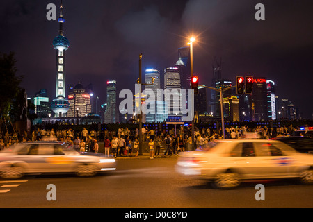 View of the Bund at night in Shanghai, China. Stock Photo
