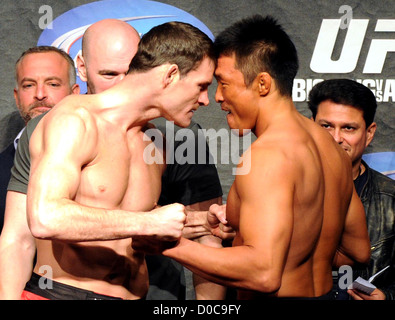 UK fighter Michael Bisping and Yoshihiro Akiyama of Japan Ultimate Fighting Championships UFC weigh in ahead tomorrow's UFC Stock Photo