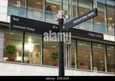 London City of London pedestrian road sign signs Bank Leadenhall Market Algate & Fenchurch Street Station tfl DLR modern contemporary offices office Stock Photo