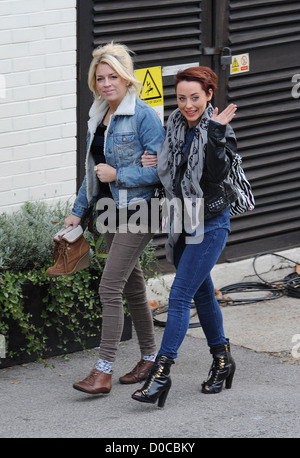 X Factor finalists Sophia Wardman and Rebecca Creighton from girl group Belle Amie arriving at a studio for rehearsals London, Stock Photo