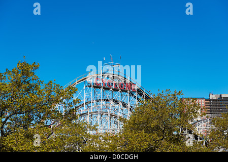 Cyclon historic wooden roller coaster in Coney island luna park, Brooklyn, New York Stock Photo