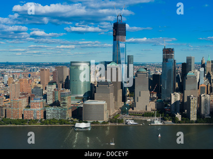 Lower Manhattan view from helicopter: financial district skyscrapers, Freedom tower and Hudson river Stock Photo