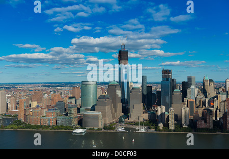 Lower Manhattan view from helicopter: financial district skyscrapers, Freedom tower and Hudson river Stock Photo