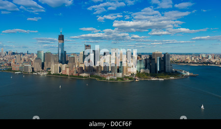 Lower Manhattan view from helicopter: Battery park, financial district skyscrapers, south port and Hudson river Stock Photo