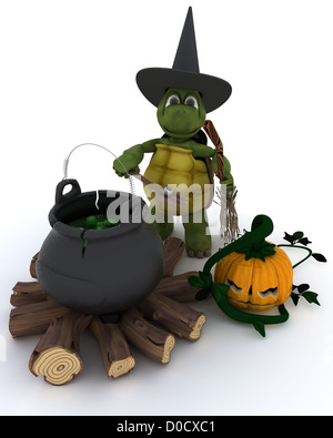 3D render of tortoise witch with cauldron of eyeballs on log fire Stock Photo