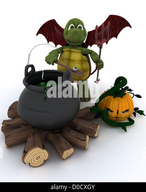 3D render of Deamon Tortoise with cauldron of eyeballs on log fire Stock Photo