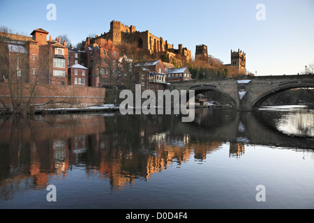 Durham Castle and Cathedral reflected in the river Wear, north east England UK Stock Photo