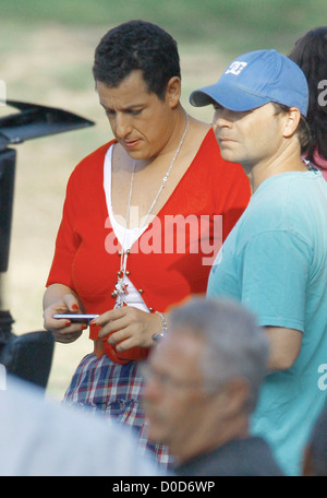 Adam Sandler is dressed as a woman on the movie set for the feature film 'Jack and Jill' at a park in Hollywood Los Angeles, Stock Photo