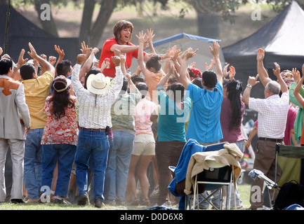 Adam Sandler is dressed as a woman on the movie set for the feature film 'Jack and Jill' at a park in Hollywood Los Angeles, Stock Photo