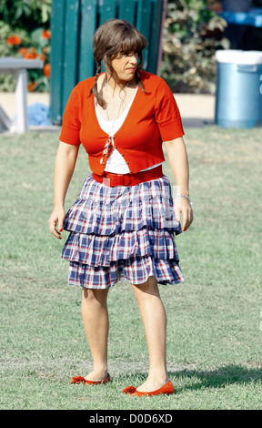 Adam Sandler is dressed as a woman on the movie set for the feature film 'Jack and Jill' at a park in Hollywood Los Angeles, Stock Photo