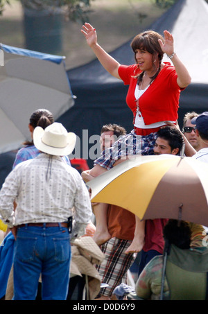 Adam Sandler is dressed as a woman on the movie set for the feature film 'Jack and Jill' at a park in Hollywood Los Angeles, Stock Photo