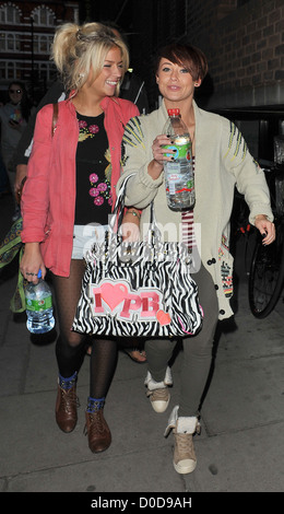 X Factor finalists Sophia Wardman and Rebecca Creighton from girl group Belle Amie leaving the dance studio after rehearsals Stock Photo