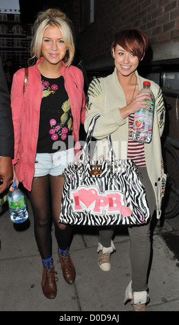 X Factor finalists Sophia Wardman and Rebecca Creighton from girl group Belle Amie leaving the dance studio after rehearsals. Stock Photo