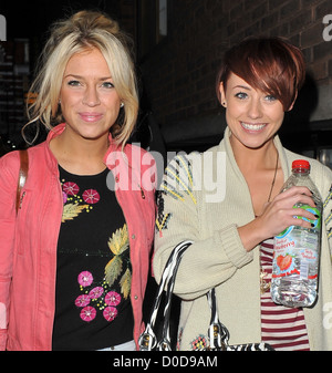 X Factor finalists Sophia Wardman and Rebecca Creighton from girl group Belle Amie leaving the dance studio after rehearsals Stock Photo