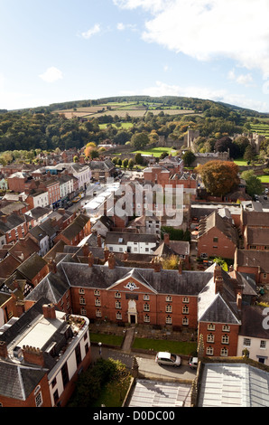 Ludlow town with the market and castle seen from the church in autumn, Ludlow Shropshire UK Stock Photo