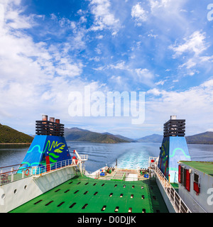 A view from the Interislander ferry Aratere as it sails out through the Marlborough Sounds, New Zealand. Stock Photo