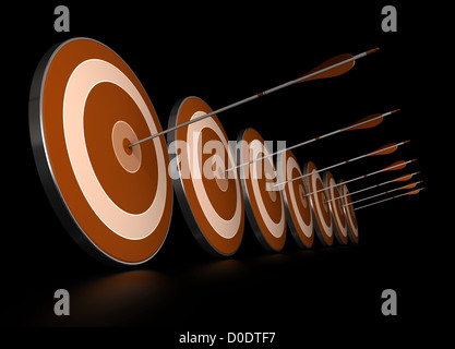 many orange targets in a row plus seven arrows, each arrows hit the center of one target, image over black background, Stock Photo