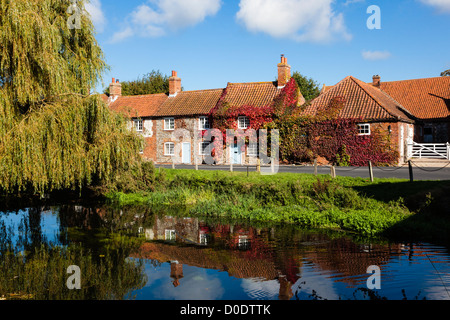 Millpond and attractive cottages under a blue summer sky, Burnham Overy Staithe, Norfolk, UK Stock Photo