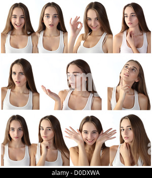 isolated on white: young girl making eleven facial expressions on white background Stock Photo