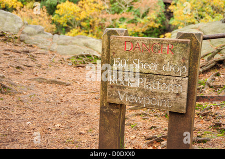 Danger sign above Stanley Ghyll in Eskdale in the English Lake District Stock Photo