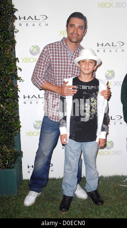 Gilles Marini and son George launch of XBox 360's 'Halo Reach' at the Rob Dyrdek Fantasy Factory Los Angeles, California - Stock Photo