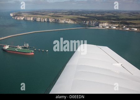 AERIAL VIEW OF THE MOUTH OF THE SEINE AND THE CONTAINER SHIPS LEAVING THE PORT LE HAVRE SEINE-MARITIME (76) FRANCE Stock Photo
