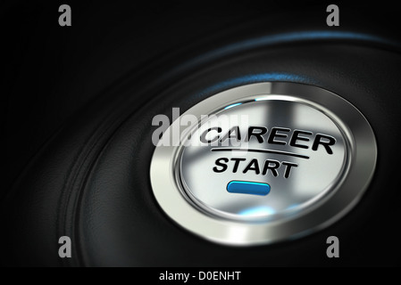 metal push button where it's written career start over a black background with blur effect Stock Photo