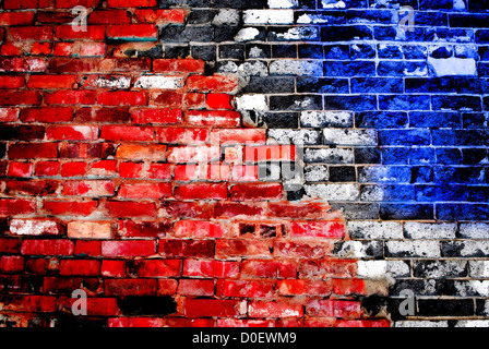 Detail shot of an old brick wall with red, white and blue paint Stock Photo