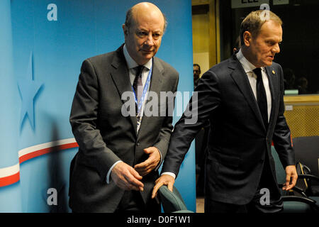 Nov. 23, 2012 - Brussels, Bxl, Belgium - Poland's Prime Minister  Donald Tusk (R ) and Polish Finance Minister Jan Vincent Rostowski  addresses a news conference at the end of of a European Summit at the EU headquarters in Brussels, Belgium on 23.11.2012 Reports state that European Union President Herman Van Rompuy said 23 November 2012 that he expected to broker agreement among the bloc's leaders on spending plans for 2014-20 early next years. Talks in Brussels 'show a sufficient degree of potential convergence to make an agreement possible in the beginning of next year,' Van Rompuy said afte Stock Photo