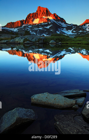 Sunrise over Banner Peak and Thousand Island Lake in the Ansel Adams Wilderness, California. Stock Photo
