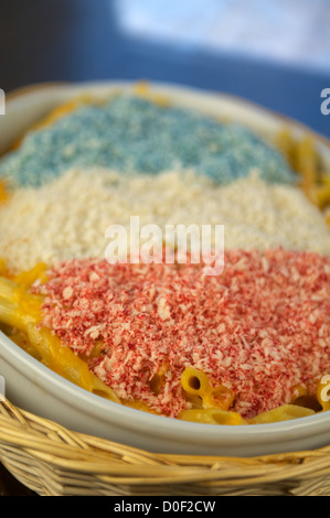 Red, white and blue macaroni and cheese. This is a Patriotic Dish special for the Fourth of July (July 4), American Independence Stock Photo