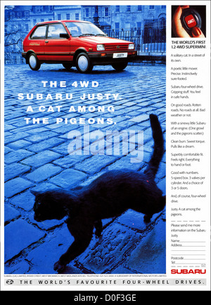 Original 1980s print advertisement from English consumer magazine advertising Subaru Justy 4x4 supermini car Stock Photo