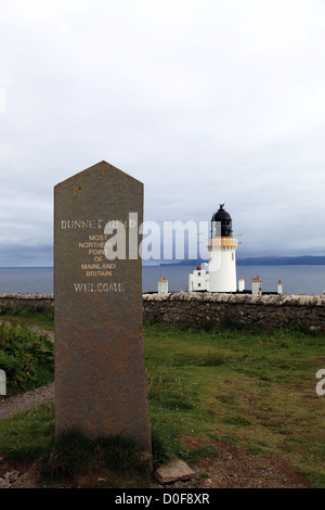 Dunnet Head lighthouse and stone marker, Dunnet ,Scotland UK Stock Photo