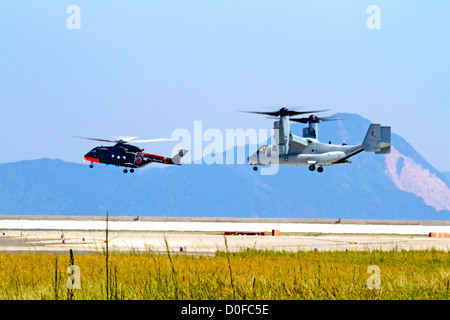US Marines fly MV-22 Osprey aircraft September 21, 2012 at Marine Corps Air Station Iwakuni, Japan. Stock Photo