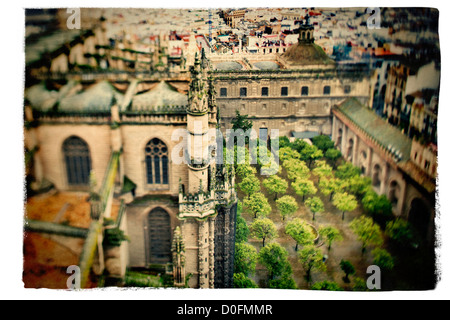 View of the Cathedral and Orange Tree Yard from the top of the Giralda tower, Seville, Spain. Stock Photo