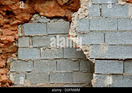 Broken stone and cinder block brick walls background texture. Stock Photo