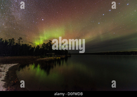 Northern light or Aurora Borealis Nellim near Inari Lake Lapland Finland Stock Photo