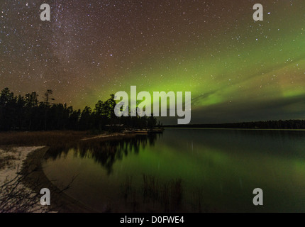 Northern light or Aurora Borealis Nellim near Inari Lake Lapland Finland Stock Photo