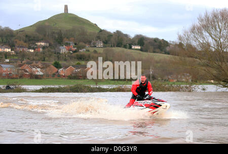 Glastonbury,Somerset,England - Sunday 25th November 2012 - Jetski champion Joel Doorbar from Shepton Mallet takes advantage of the thousands of acres of farmland flooded in Somerset Stock Photo