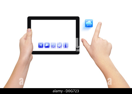 Two hands holding tablet PC, finger pointing, isolated on white, clipping path Stock Photo